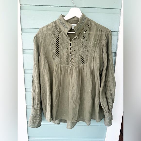 Sundance Victorian 100% cotton blouse olive green peasant high neck boho summer - Picture 1 of 9